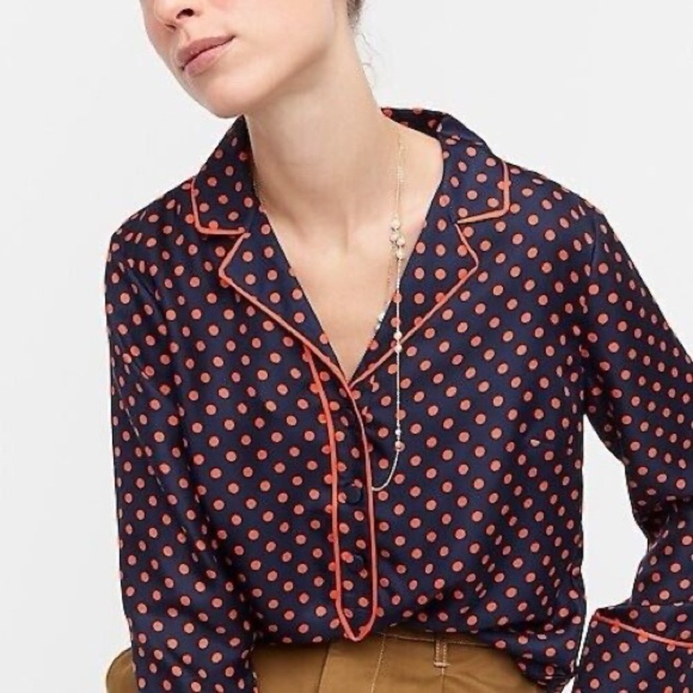 NWT J. Crew 100% silk navy and red polka dot blouse
